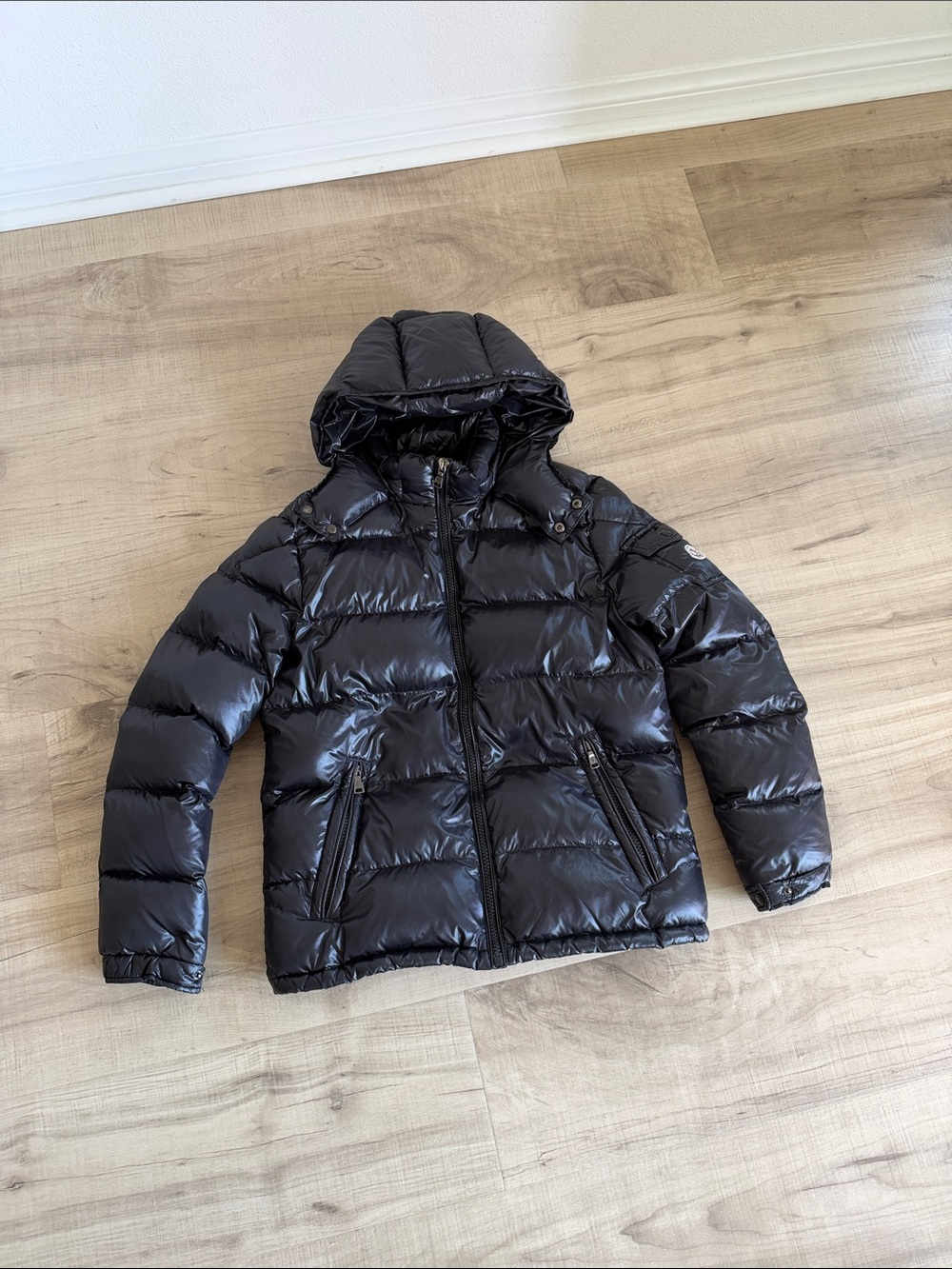 Moncler Kids Shiny Black Hooded Puffer Jacket